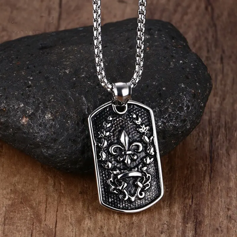 Fleur De Lys Dog Tag Pendant Necklaces For Men Fleur De Lis Lris Stainless Steel Vintage Oxidized Black Gothic Bike Jewelry 1