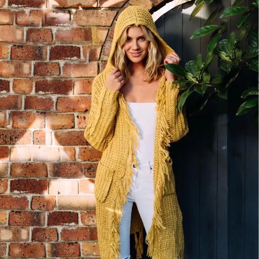 Yellow Knitted Boho Sweater Long Cardigans 2017 Chic Winter Long Sleeve Tassel Decoration Hooded Loose Hippie Women Sweater Coat 1