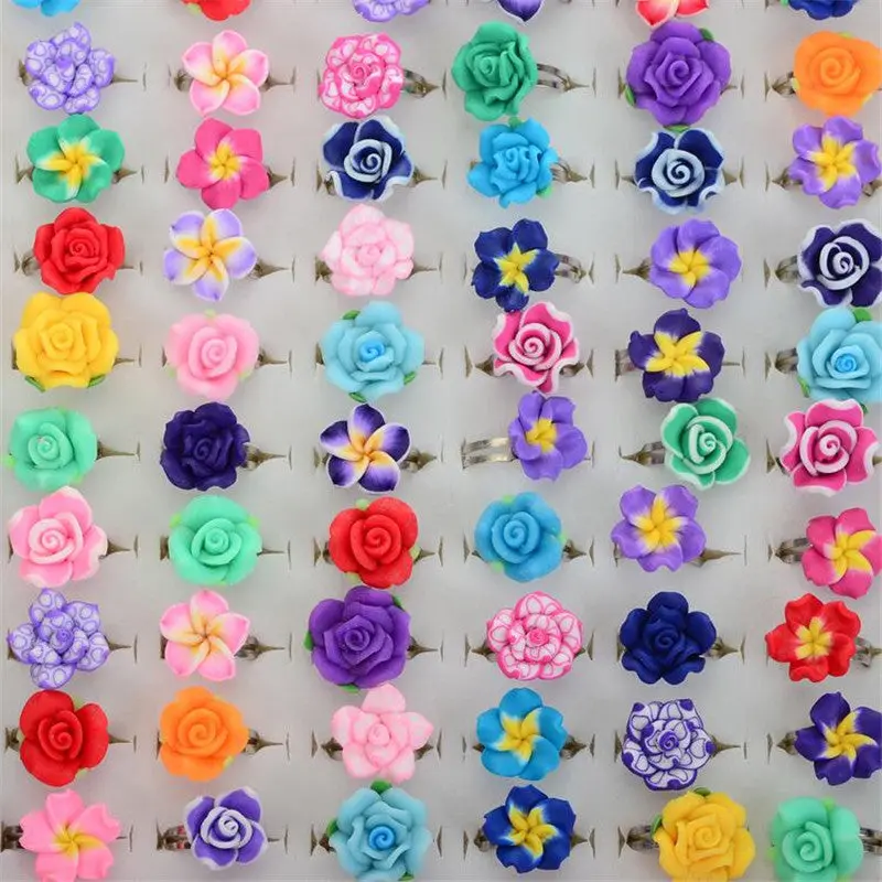 Chic Wholesale Lots 10Pcs Colorful Rose Flower Polymer Clay Children Rings Adjustable Size Kids Gift Drop Ship 1