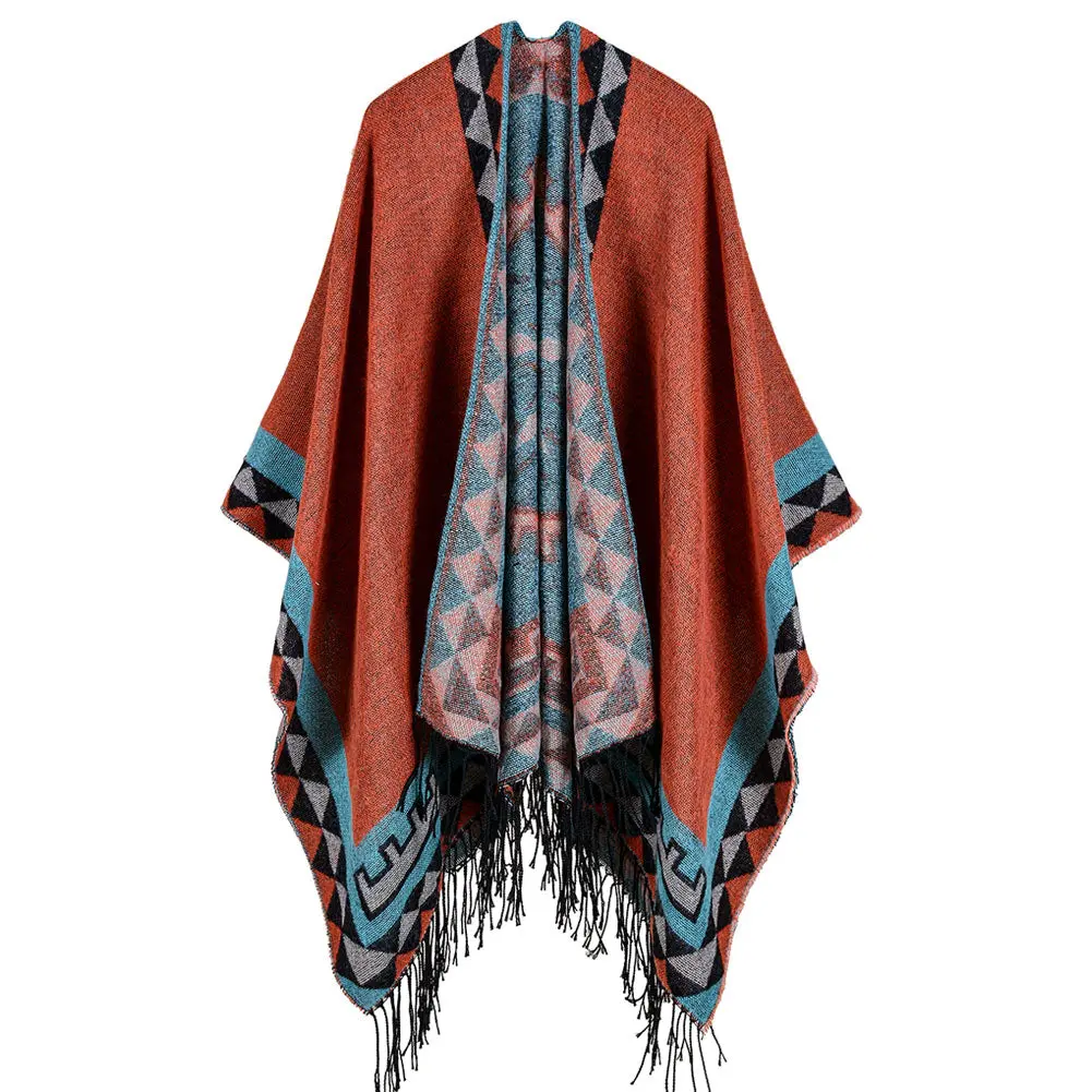 Autumn Winter Boho Women Knitted Shawl Poncho Faux Cashmere Geometric Pattern Tassel Oversized Warm Long Cape Scarf Cachecol 1