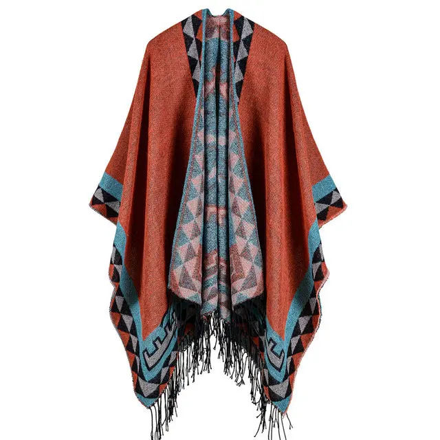 Autumn Winter Boho Women Knitted Shawl Poncho Faux Cashmere Geometric Pattern Tassel Oversized Warm Long Cape Scarf Cachecol 3