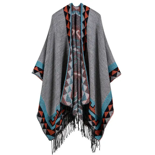 Autumn Winter Boho Women Knitted Shawl Poncho Faux Cashmere Geometric Pattern Tassel Oversized Warm Long Cape Scarf Cachecol 2