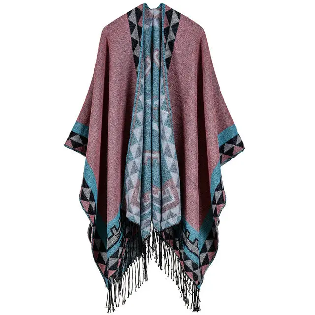 Autumn Winter Boho Women Knitted Shawl Poncho Faux Cashmere Geometric Pattern Tassel Oversized Warm Long Cape Scarf Cachecol 3