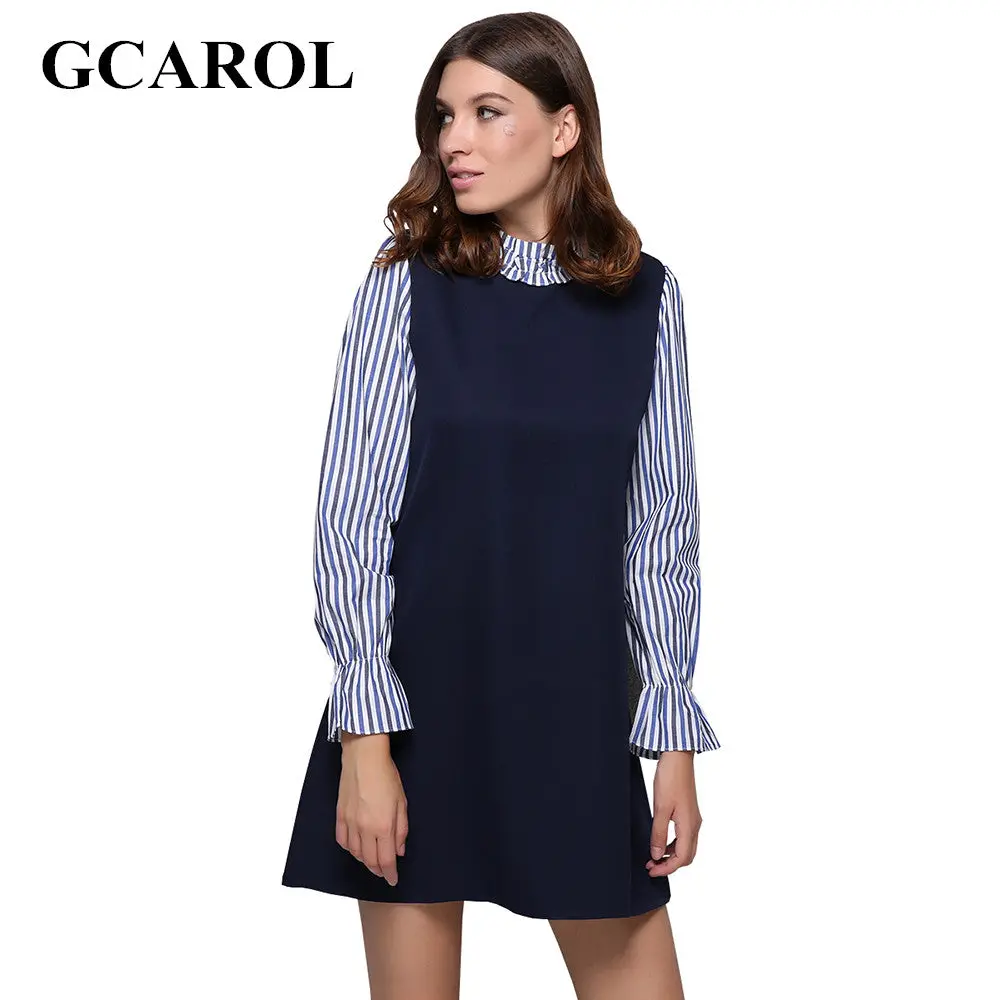 Gcarol Women New Striped Sleeve Spliced Dress Standard Collar Fake Two Pieces Dress Vintage Retro Spring Autumn Winter Dress 1