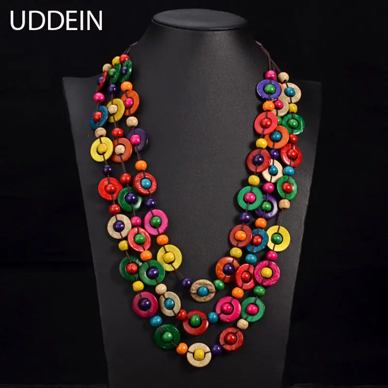 Uddein Bohemia Ethnic Necklace & Pendant Multi Layer Beads Jewelry Vintage Statement Long Necklace Women Handmade Wood Jewelry 1