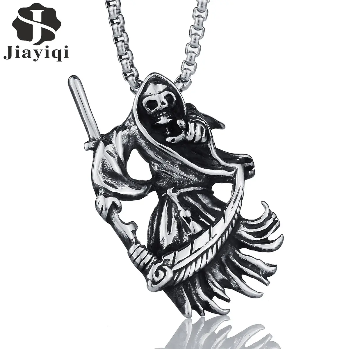 Jiayiqi Punk Gothic Jewelry Retro Punk Skeleton Charm Pendant Stainless The Death Grim Reaper Necklace For Men Best Gifts 1