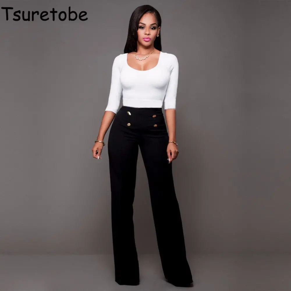 Tsuretobe 2017 High Waist Flare Pants Plus Size Women Trousers Female Office Lady Casual Wide Leg Pants Stretch Long Pant 1
