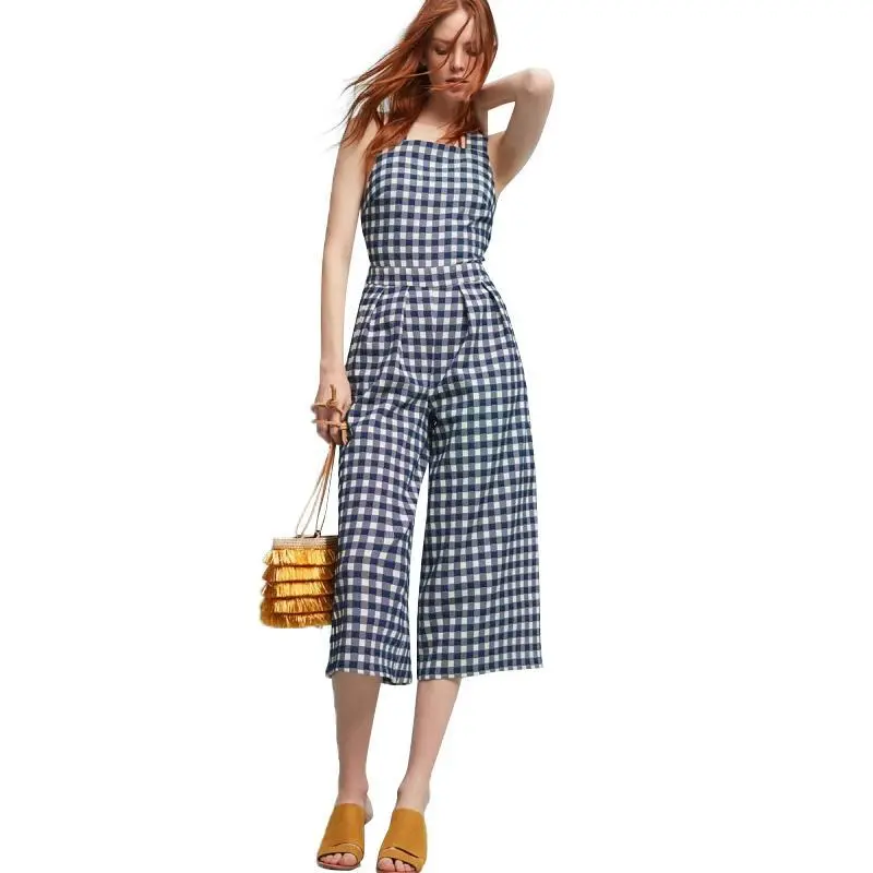 White Blue Plaid Backless Preppy Style Rompers 1