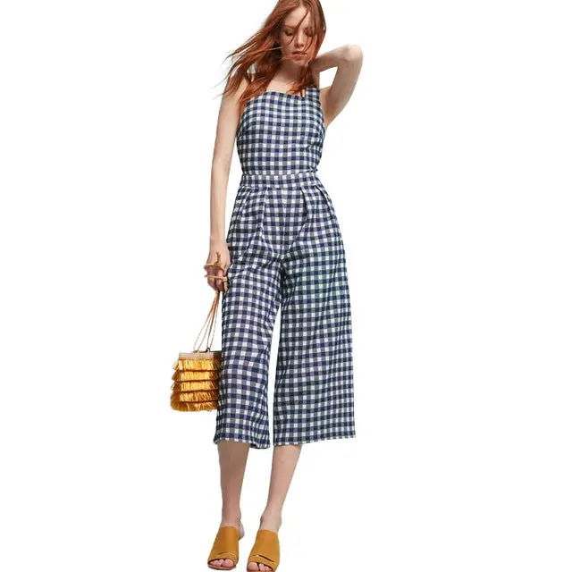 White Blue Plaid Backless Preppy Style Rompers 2