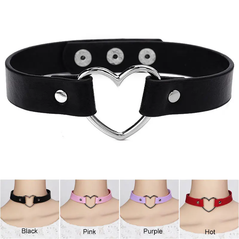Women Lady Punk Goth Harajuku Grunge Pu Leather Rivet Heart Collar Choker Funky Torques Necklace Jewelry @M23 1
