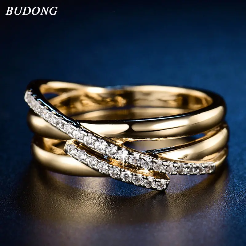 Budong Top New Antique Mosaic Aaa Zircon Crystal Vintage Gold-Color Cross Ring Women Wedding Finger Luxury Bijoux Xur580 1