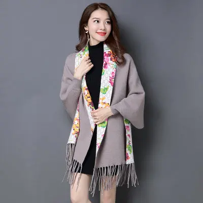 2017 Brand Print Flower Cashmere Pashmina Women Hot Sale Fashion Tassel Scarf Female Shawl Long Sleeve High Quality Ponchos Cape 3