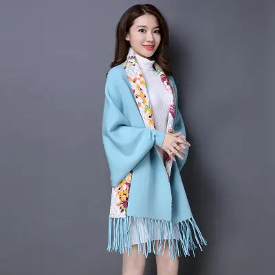 2017 Brand Print Flower Cashmere Pashmina Women Hot Sale Fashion Tassel Scarf Female Shawl Long Sleeve High Quality Ponchos Cape 4