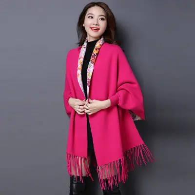 2017 Brand Print Flower Cashmere Pashmina Women Hot Sale Fashion Tassel Scarf Female Shawl Long Sleeve High Quality Ponchos Cape 5