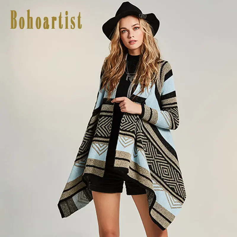 Bohoartist Women Knitwear Cape Gray Blue Stripe Patchwork Cardigan Bohemia Fashion Clothing New Ladies Elegant Loose Boho Capes 1