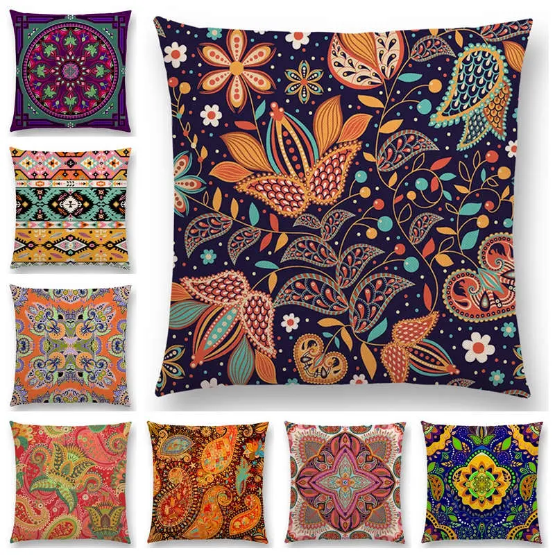 Hot Sale Boho Paisley Oriental Floral Pattern Navajo Geometric Prints Fantasy Petal Flowers Cushion Cover Sofa Throw Pillow Case 1