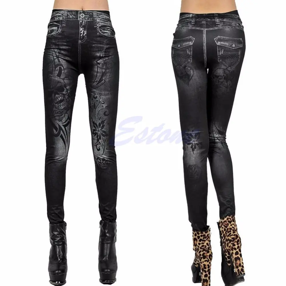 2017 Sexy Women Skull Print Leggings Stretchy Slim Fit Jeans Jeggings Skinny Pencil Pants Female Skull Imitation Cowboy Leggings 1