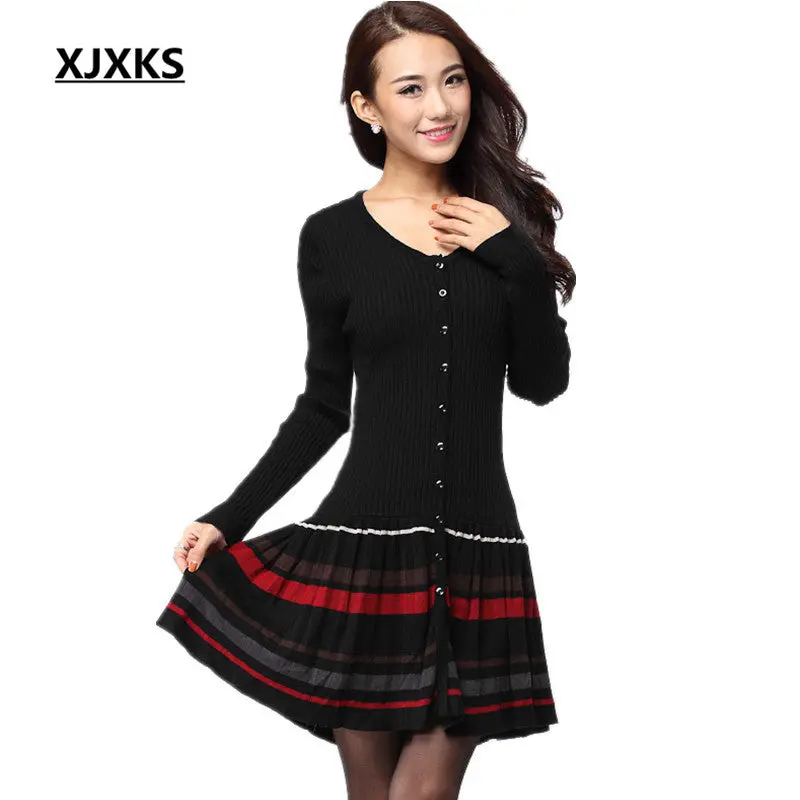 Xjxks New 2017 Autumn Winter Dress Long-Sleeve Clothing One-Piece Dress Warm Sheep Wool Knitted Stripe Pleated Casual Dress 1