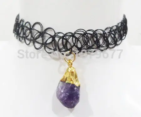 Fashion Grunge Tattoo Choker Black Plastic Wire Natural Amethyest Semi Precious Chips Stone Pendant Necklace 1
