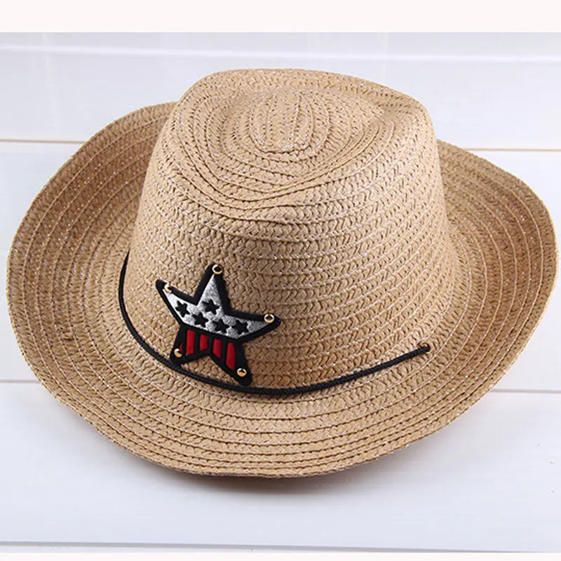 Summer Autumn 54Cm Children Caps Cowgirls Cowboy Hats For Kids Stars Pattern Straw Caps With Cable,Funny Birthday Party Hats 1