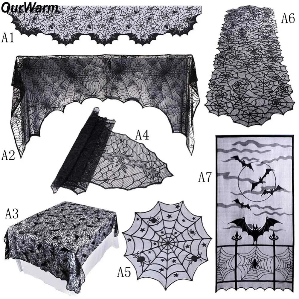Ourwarm 1 Piece Halloween Decoration Props Black Lace Spiderweb Fireplace Mantle Scarf Cover Tablecloth Festive Party Supplies 1