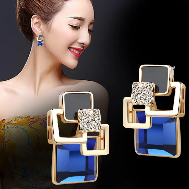 Hot Fashion Brincos Vintage Long Square Crystal Earring Big Geometric Stud Earrings For Women Classic Gold-Color Fine Jewelry 1