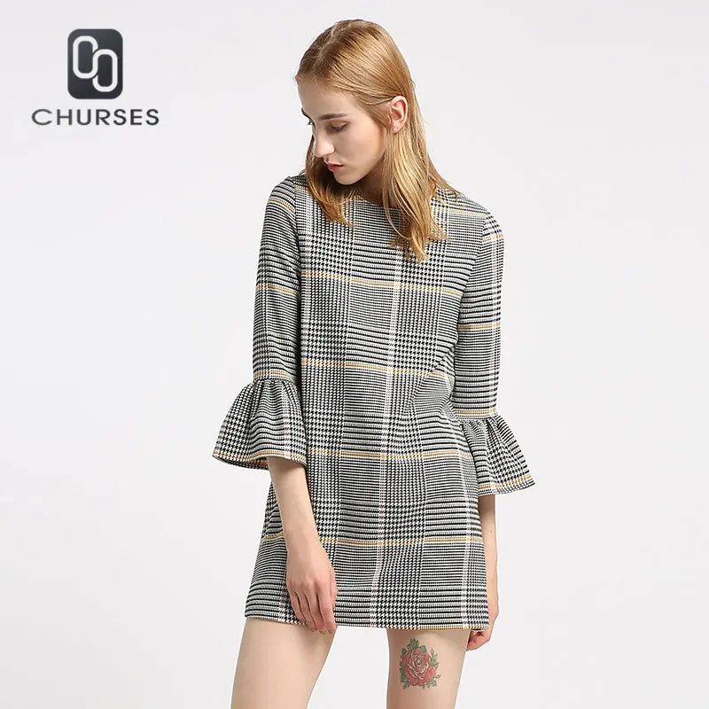 Churses 2017 New Fashion Women Plaid Dress Autumn Elegant Checkered Flare Ruffle Sleeve Loose Casual Sweet Dresses Vestidos 1
