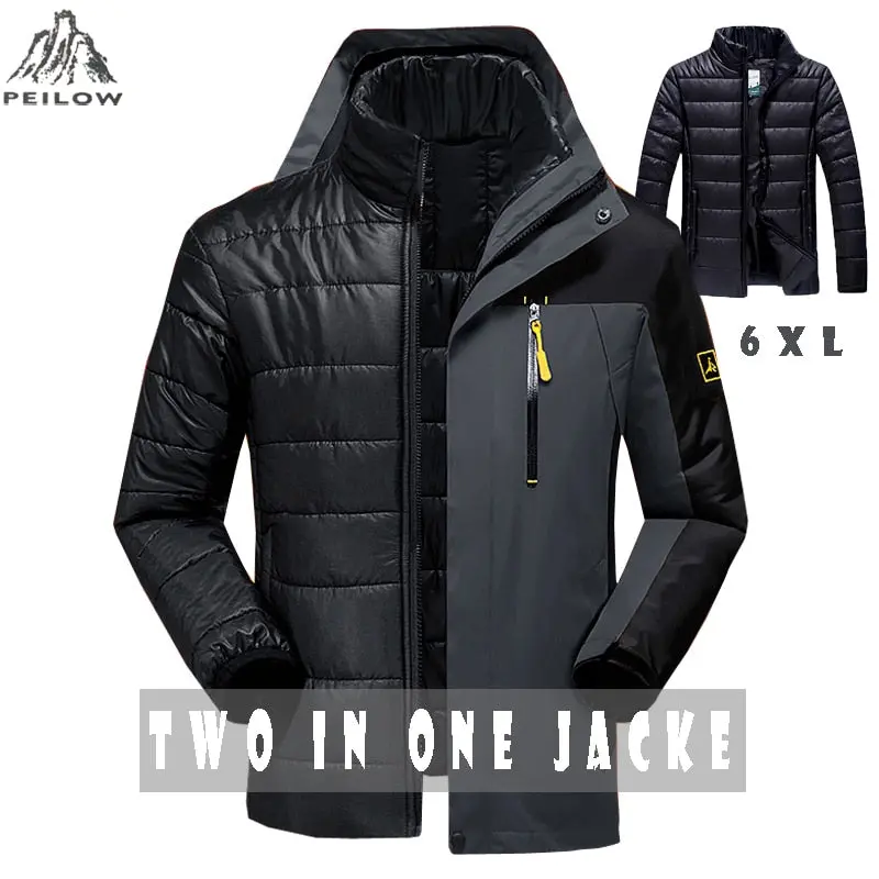 Peilow Winter Jacket Men Fashion 2 In 1 Outwear Thicken Warm Parka Coat Women`S Patchwork Waterproof Hood Men Jacket Size M~6Xl 1