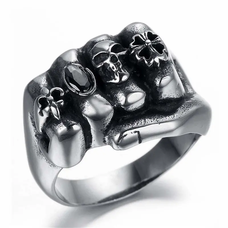 2017 Fashion Retro Style Men Gothic Flower Skull 316L Stainless Steel Biker Ring Anarchy Death Fist Skull Ring Jewelry Wholesale 1