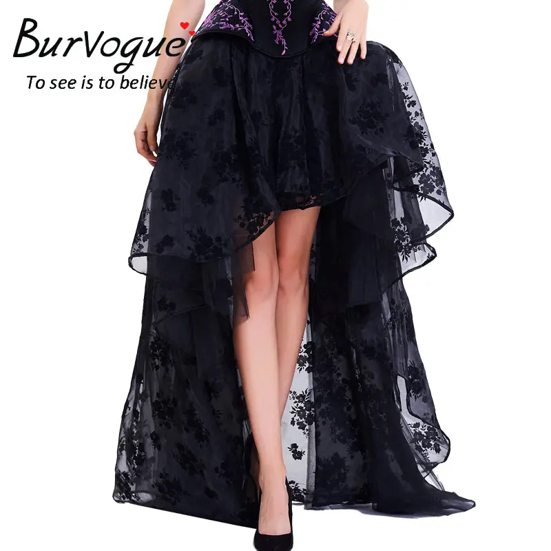 Burvogue Long Maxi Steampunk Elastic Skirts Women Black Fluffy Tulle Skirt Ruffled Chiffon Lace Midi Gothic Sexy Corset Skirt 1