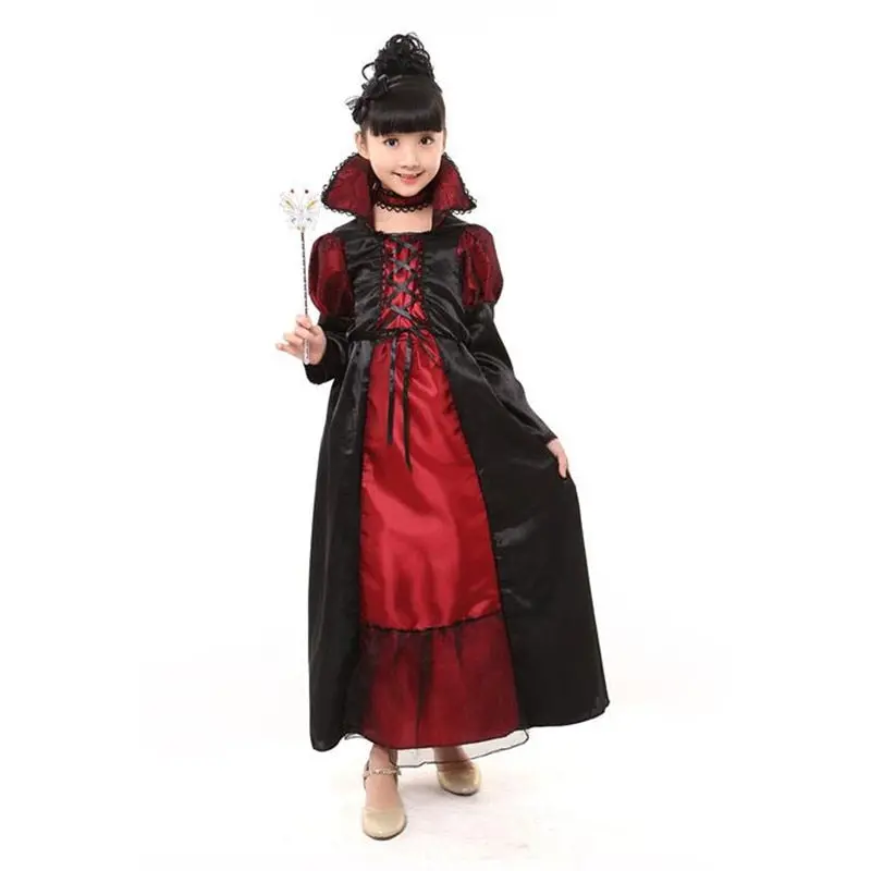 Halloween Costumes Vampire Princess Costume Kids Black Lace Party Dress Performance Fancy Dress Necklace Set Boy Couple Clothing 1