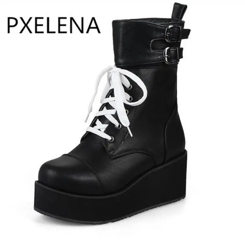 Pxelena Rock Punk Gothic Boots Women Shoes Platform Creepers Wedge High Heels Martin Boots Lace Up Motorcyle Ankle Boots Ladies 1