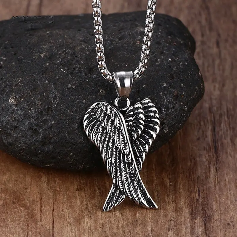 Mprainbow Men Necklaces Stainless Steel Gothic Vintage Double Angel Wings Pendant Collier Kolye Mens Fashion Biker Jewelry 24" 1