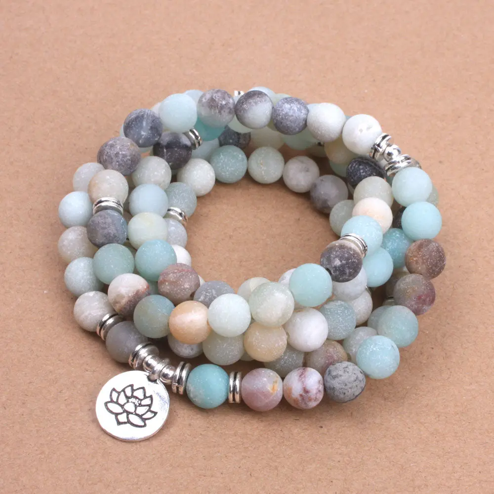 Fashion Women`S Bracelet Matte Frosted Amazonite Beads With Lotus Om Buddha Charm Yoga Bracelet 108 Mala Necklace Dropshipping 1