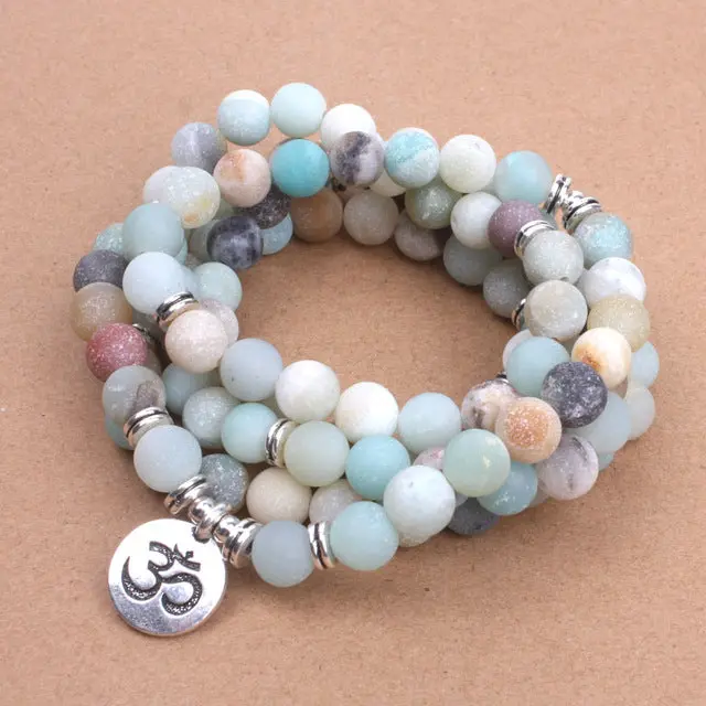 Fashion Women`S Bracelet Matte Frosted Amazonite Beads With Lotus Om Buddha Charm Yoga Bracelet 108 Mala Necklace Dropshipping 3