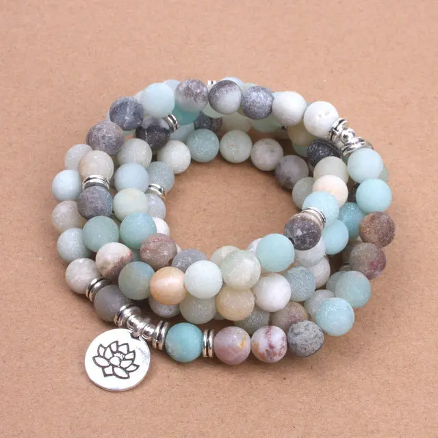 Fashion Women`S Bracelet Matte Frosted Amazonite Beads With Lotus Om Buddha Charm Yoga Bracelet 108 Mala Necklace Dropshipping 2