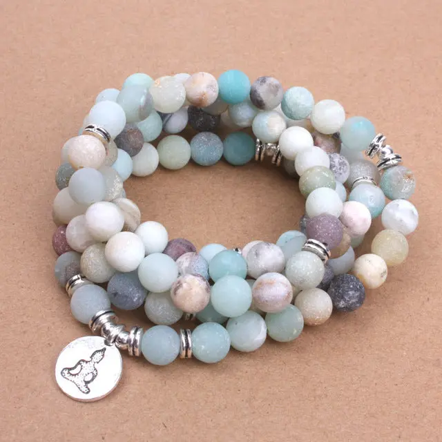 Fashion Women`S Bracelet Matte Frosted Amazonite Beads With Lotus Om Buddha Charm Yoga Bracelet 108 Mala Necklace Dropshipping 3