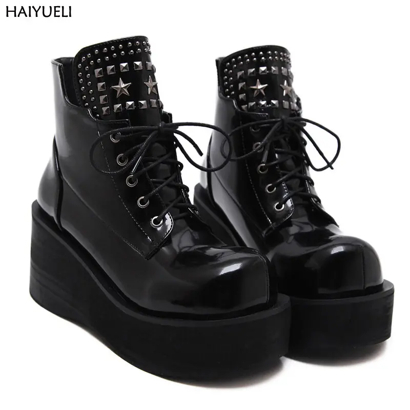 Botas Invierno Mujer Fashion Platform Shoes Women Punk Black Gothic Ankle Boots Womens Platform Wedge Lace Up Motorcycle Boots 1