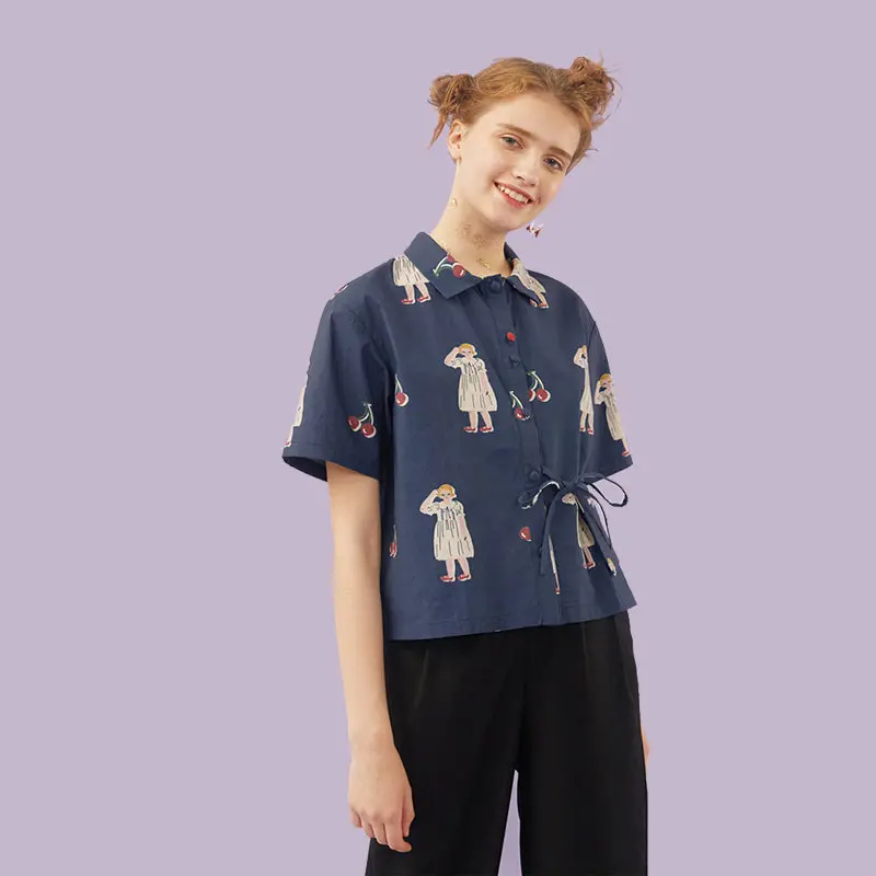 Summer New Original Fashion Women Chiffon Blouse Girls Printed Ladies Shirt Tops Lace Up Pocket Short Sleeve Loose Top Kimono 1