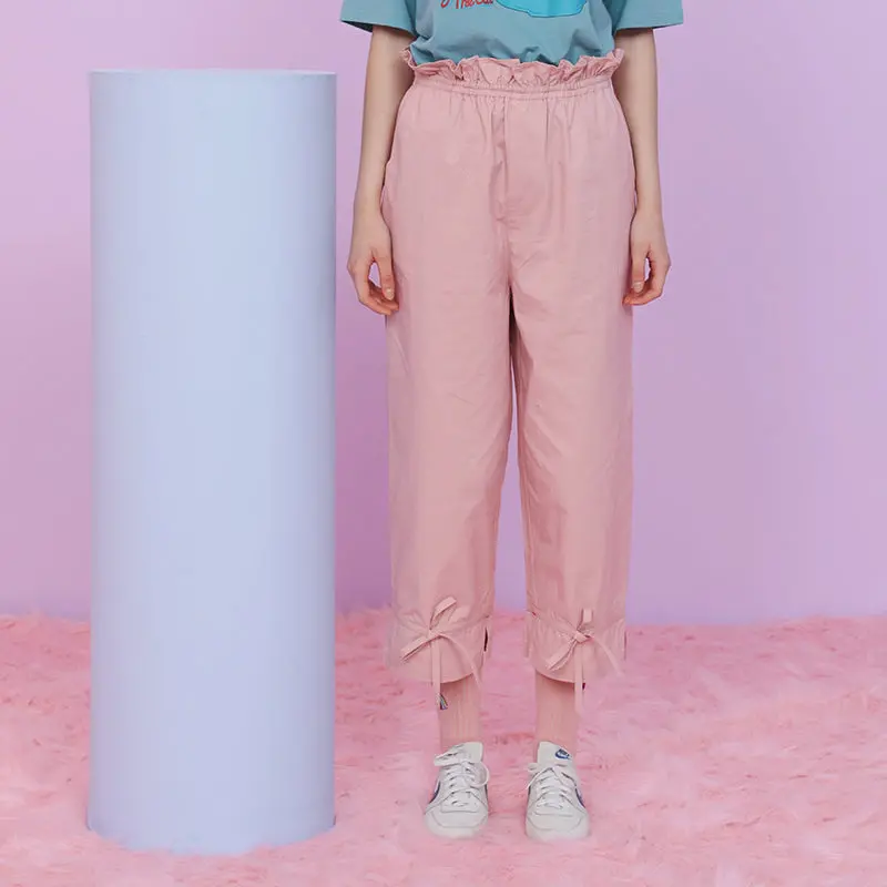 Fashion Original Women's Pants Ladies Cotton Pink Capris Ankle Length Elastic High Waist Lace Up Bow Summer New Women Trouser 1