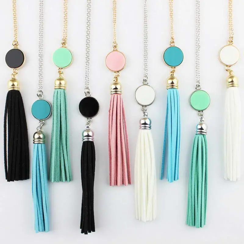 Monogram Acrylic Blank Disc Long Chain Pendant Boho Tassel Necklace For Women Custom Personalized Pendant Necklace Acrylic Blank 1
