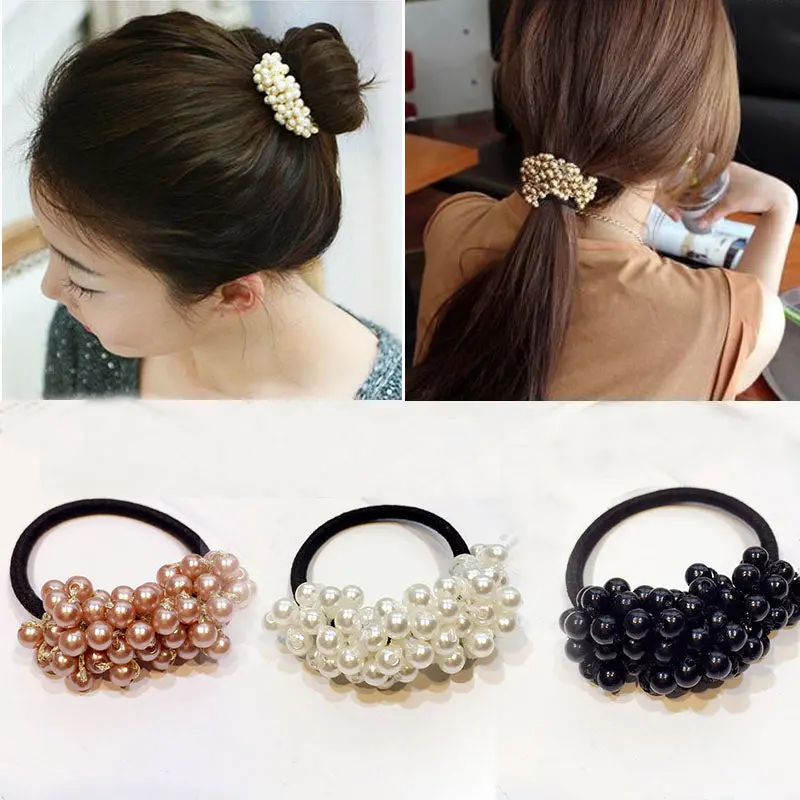 Women Hair Accessories Pearls Beads Headbands Ponytail Holder Girls Scrunchies Vintage Elastic Hair Bands Rubber Rope Headdress 1