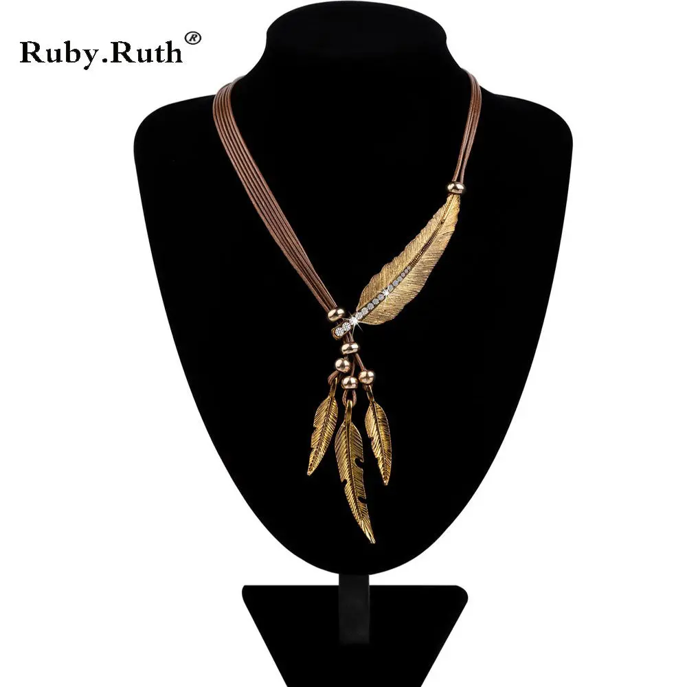 Necklace Alloy Feather Statement Necklaces Pendants Vintage  Rope Chain Necklace Women Accessories Wholesale Jewelry 1