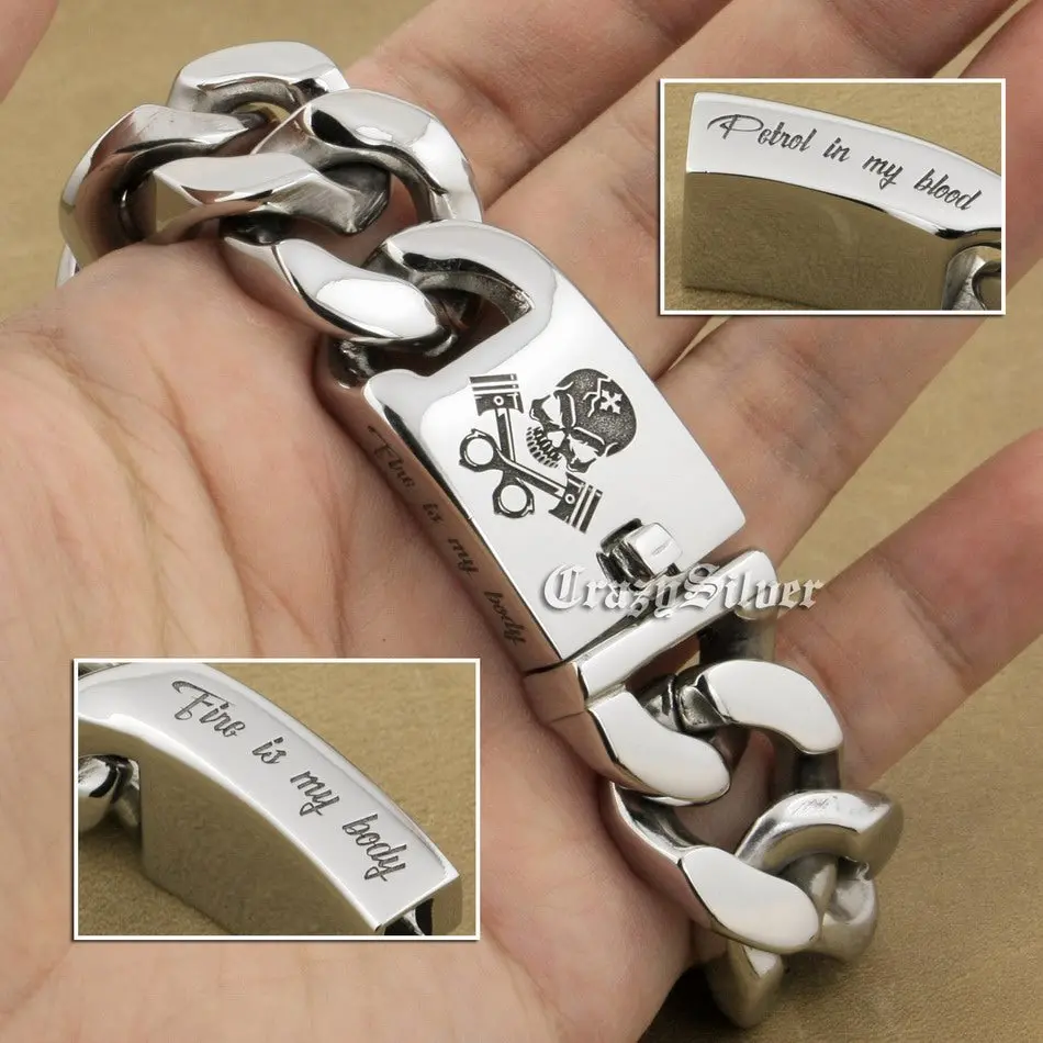 9 Lengths Deep Engraved Skull Engine 316L Stainless Steel Mens Biker Rocker Punk Bracelet Engraving Service 5D106 1