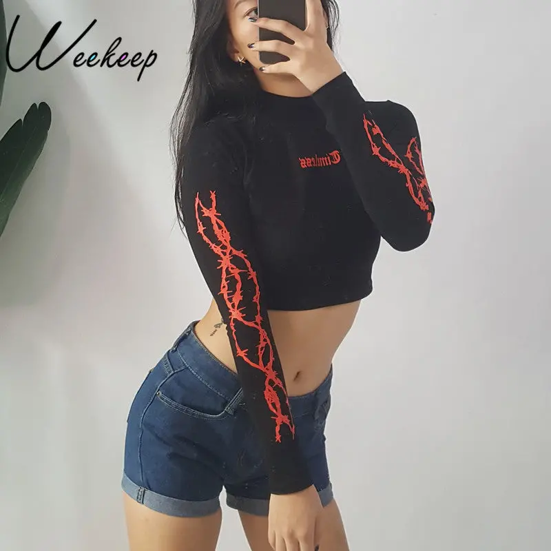Weekeep Fashion Long Sleeve Gothic Letter Print Cropped T Shirt 2017 Autumn Black Stand Collar Streetwear Crop Top Tshirt Tops 1