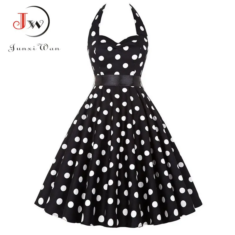 Plus Size Polka Dot Dress Women Vintage Swing Halter Belt 50S 60S Rockabilly Prom Party Dresses Retro Feminino Vestidos 1