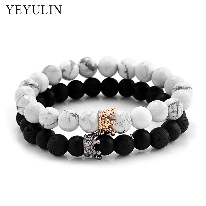 Trendy Black White Stone Beads With Gold Silver Color Alloy Crown Bracelet For Women Men Couple Bangles Jewelry 1