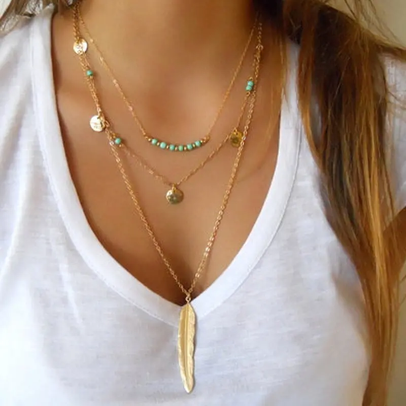 2017 New Fashion Boho Women's Simple Chain Multilayer Necklace Feather Pendant Sequins Tassel Necklace 1