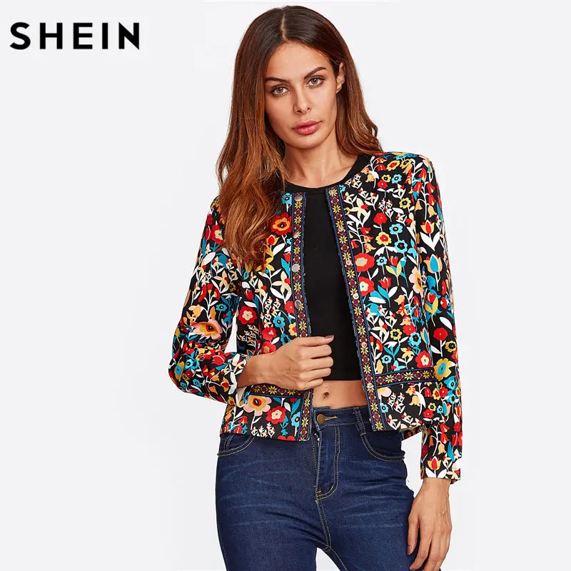 Shein Press Button Placket Botanical Jacket Autumn Jacket For Women Multicolor Collarless Single Breasted Elegant Jacket 1