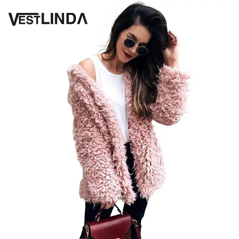 Vestlinda Winter Grey Wool Overcoat Warm Outerwear Women Pink Faux Fur Coat Turn Down Collar Long Sleeve Cardigan Female Outwear 1